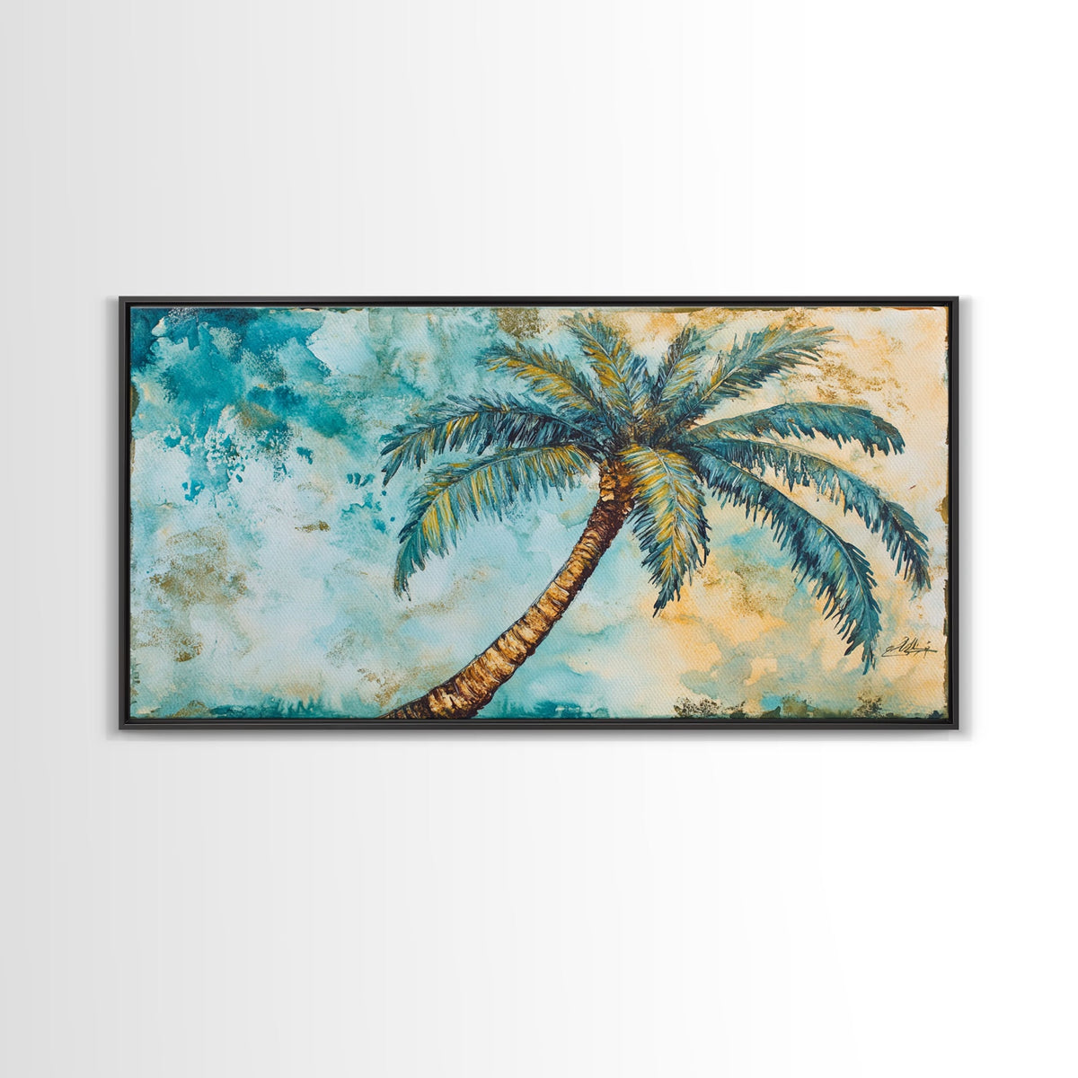 Vintage Palm Tree Florida Wall Art Framed Canvas Print, Coastal Oil Painting, Funky Beach House Wall Art, Coastal Home Decor, Florida Home Decor
