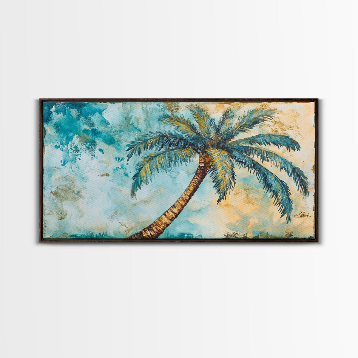 Vintage Palm Tree Florida Wall Art Framed Canvas Print, Coastal Oil Painting, Funky Beach House Wall Art, Coastal Home Decor, Florida Home Decor