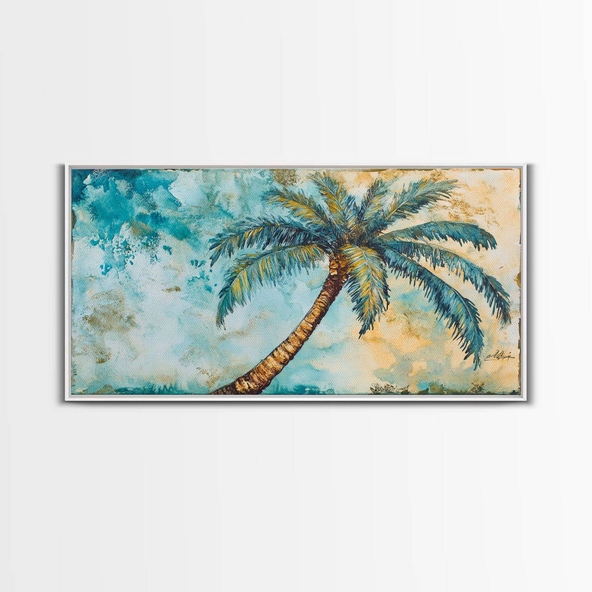 Vintage Palm Tree Florida Wall Art Framed Canvas Print, Coastal Oil Painting, Funky Beach House Wall Art, Coastal Home Decor, Florida Home Decor