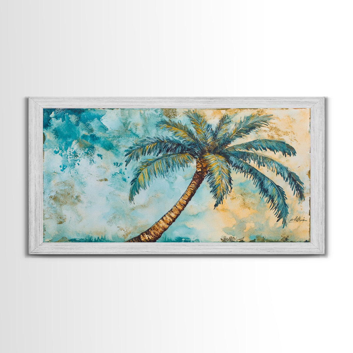 Vintage Palm Tree Florida Wall Art Framed Canvas Print, Coastal Oil Painting, Funky Beach House Wall Art, Coastal Home Decor, Florida Home Decor