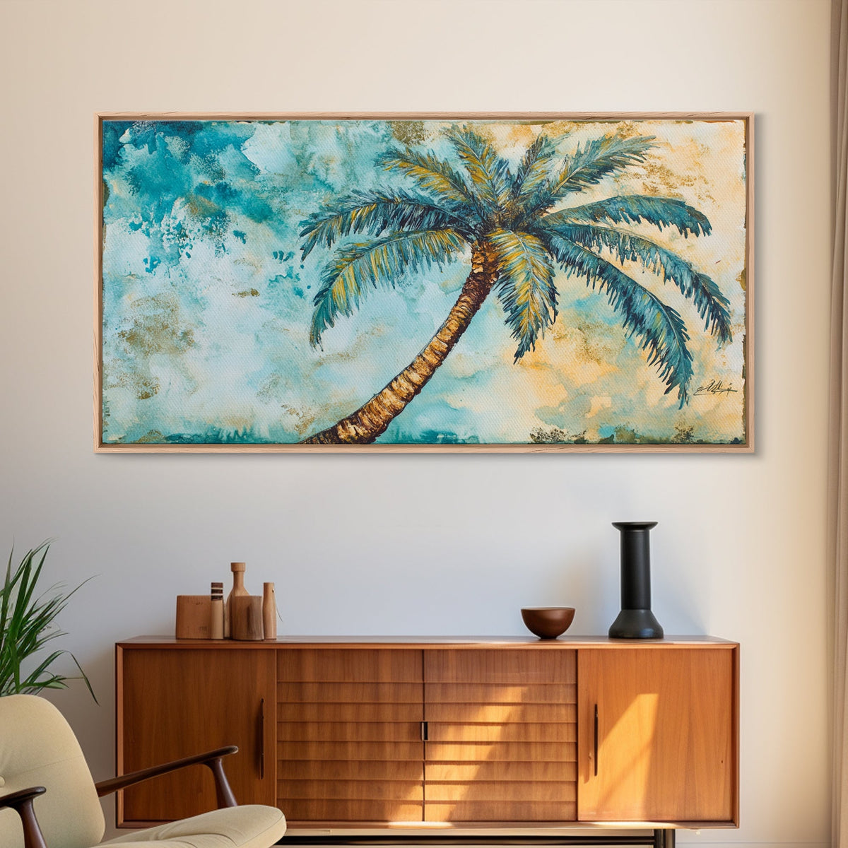 Vintage Palm Tree Florida Wall Art Framed Canvas Print, Coastal Oil Painting, Funky Beach House Wall Art, Coastal Home Decor, Florida Home Decor
