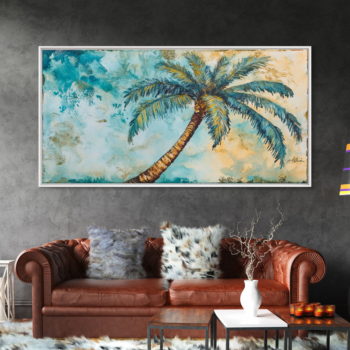 Vintage Palm Tree Florida Wall Art Framed Canvas Print, Coastal Oil Painting, Funky Beach House Wall Art, Coastal Home Decor, Florida Home Decor
